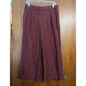 H&M Womens Linen Blend Wide Leg Burgundy Pants Pockets Size 10 Minimalist Chic
